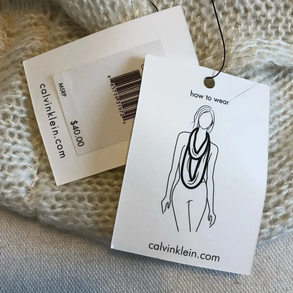 NWT CALVIN KLEIN Infinity Scarf Women's O/S Off White/Gold Ruffled Elastic